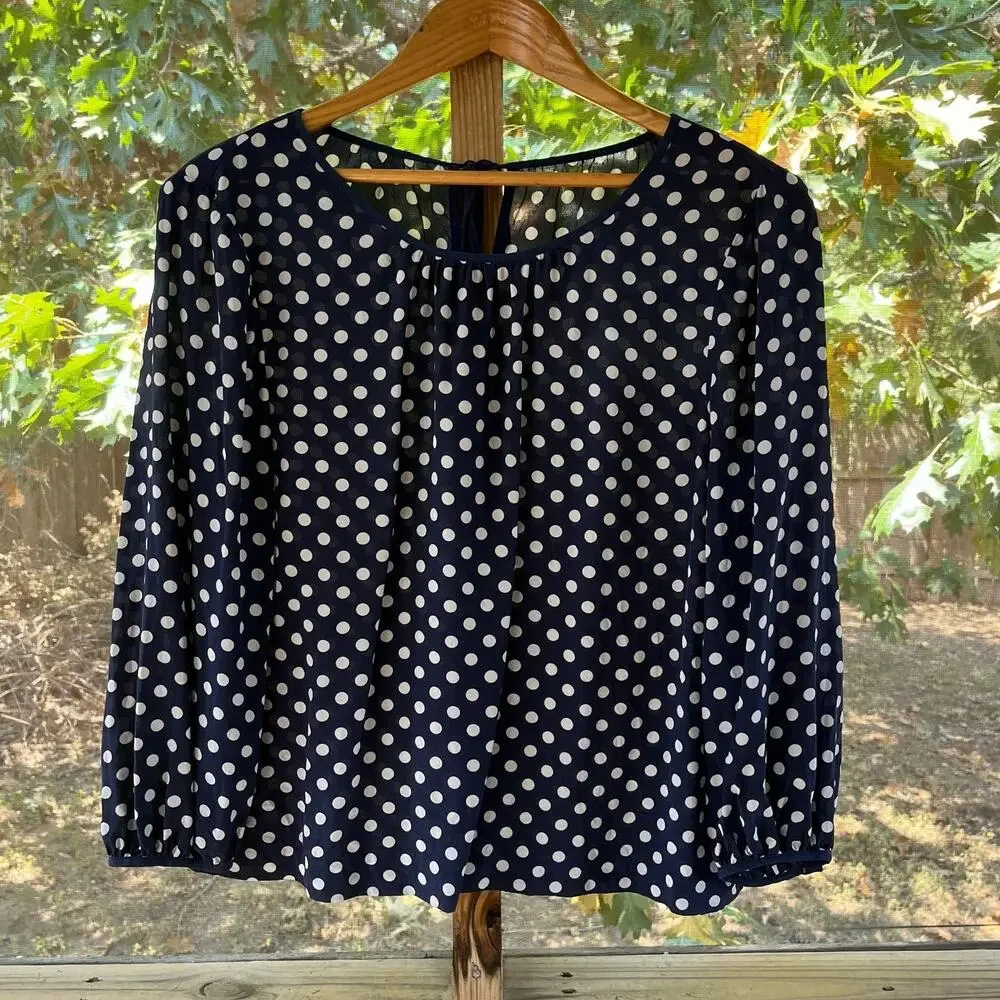 J.Crew Women's Navy & White Polka Dot 100% Silk Blouse Size L